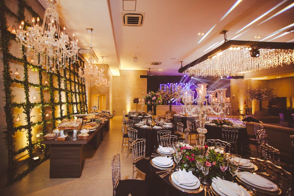 Elegant catering event setup with banquet hall and function room for parties