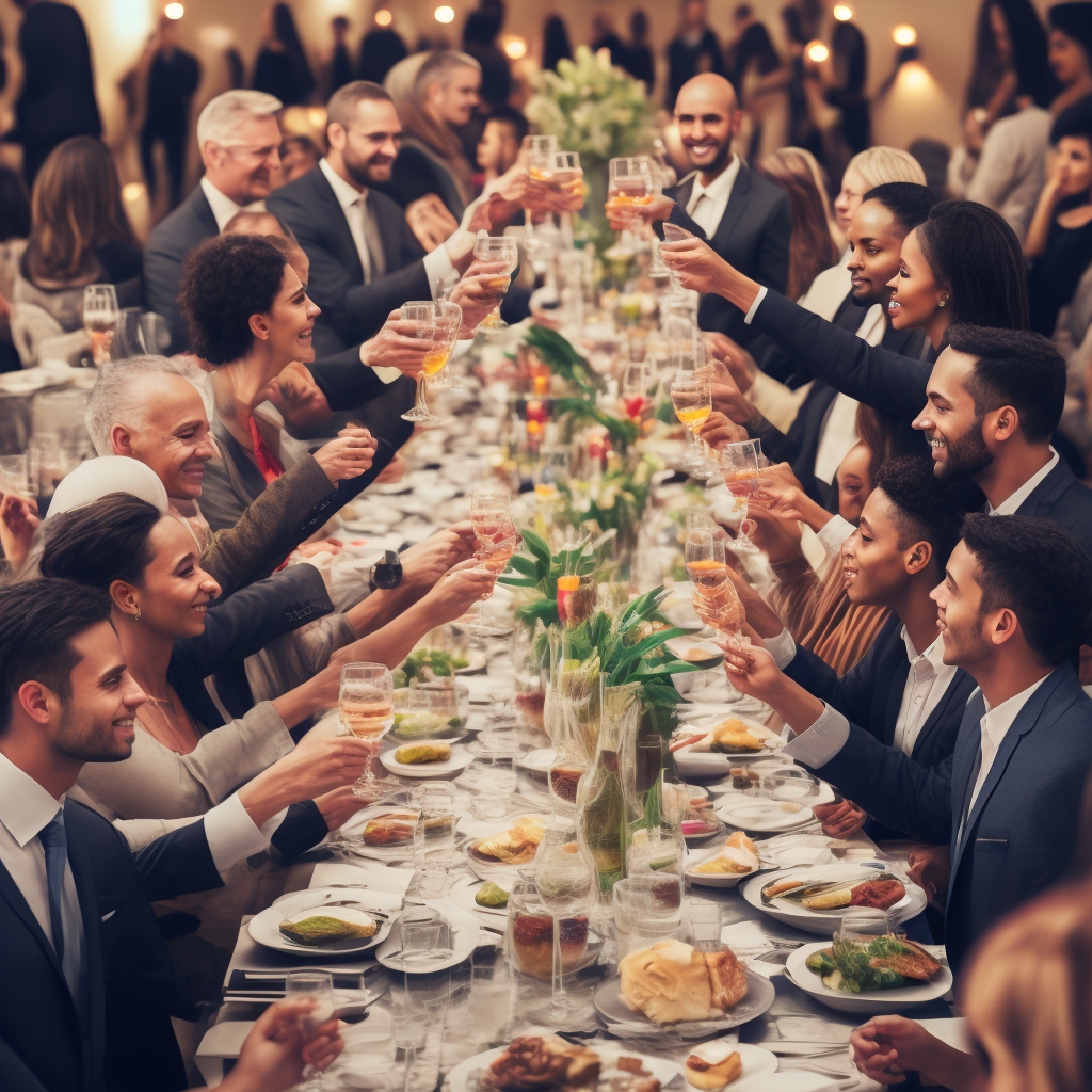 Local community gathering in restaurant banquet hall with business professionals